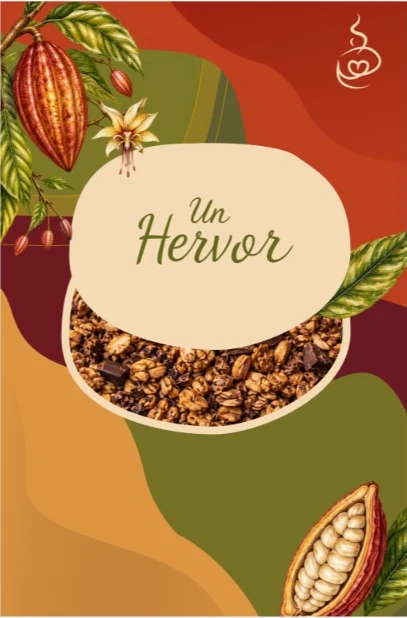 Ilustración referencial de marca con cacao y granola, no fotografía de los bites